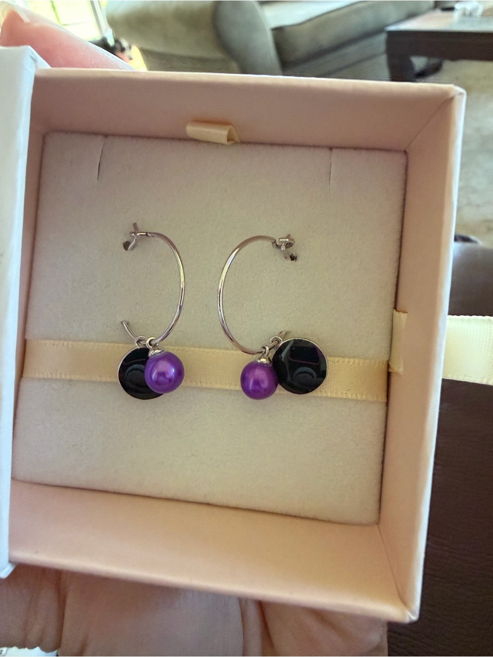 Silver Hoop Earrings with Purple Pearl and Black Disc Charm